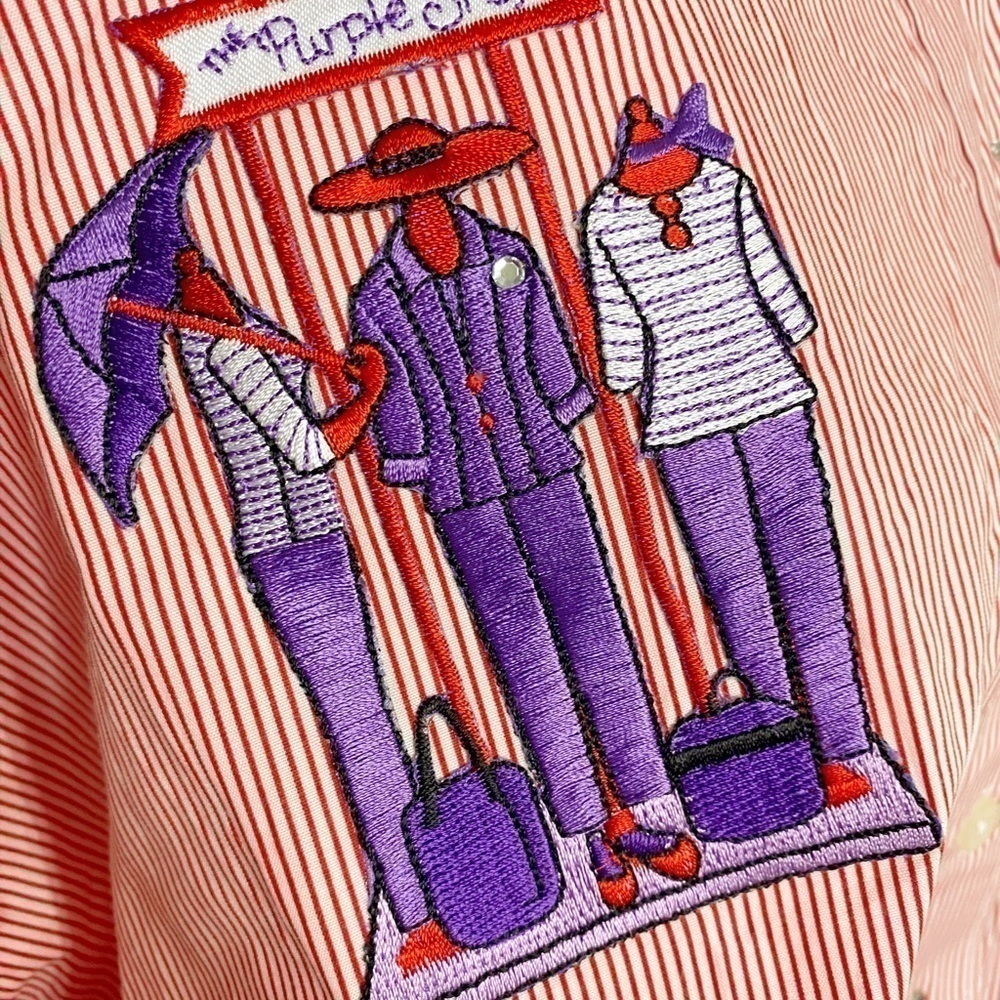 Las Olas Red and White Striped Button Down Long Sleeve Shirt with Embroidery - Picture 5 of 12